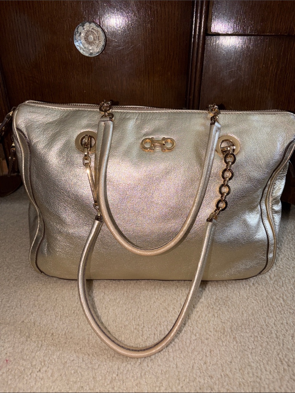 Salvatore Ferragamo Metallic Gold Leather Tote with Chain-Strap Detail